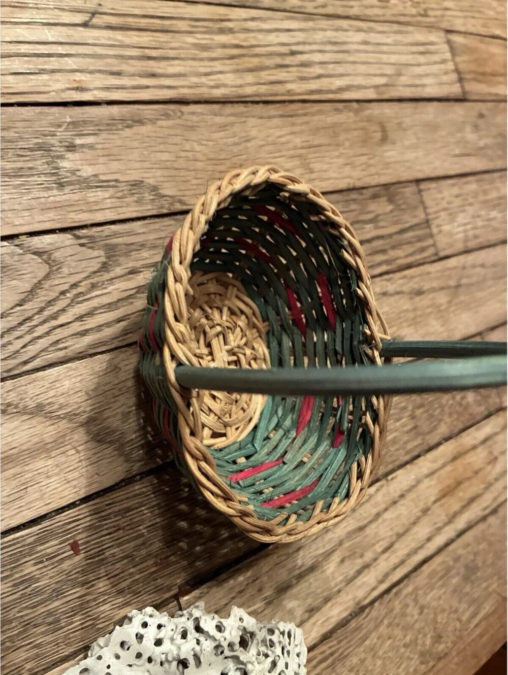 Small Oval Wicker Basket w/ Handle, Beige Green Red, Country Style Indoor